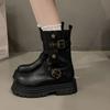 2025 Autumn and Winter New British Style Thick-soled Thin Boots Trendy Belt Buckle Locomotive Boots Medium Tube Martin Boots Women