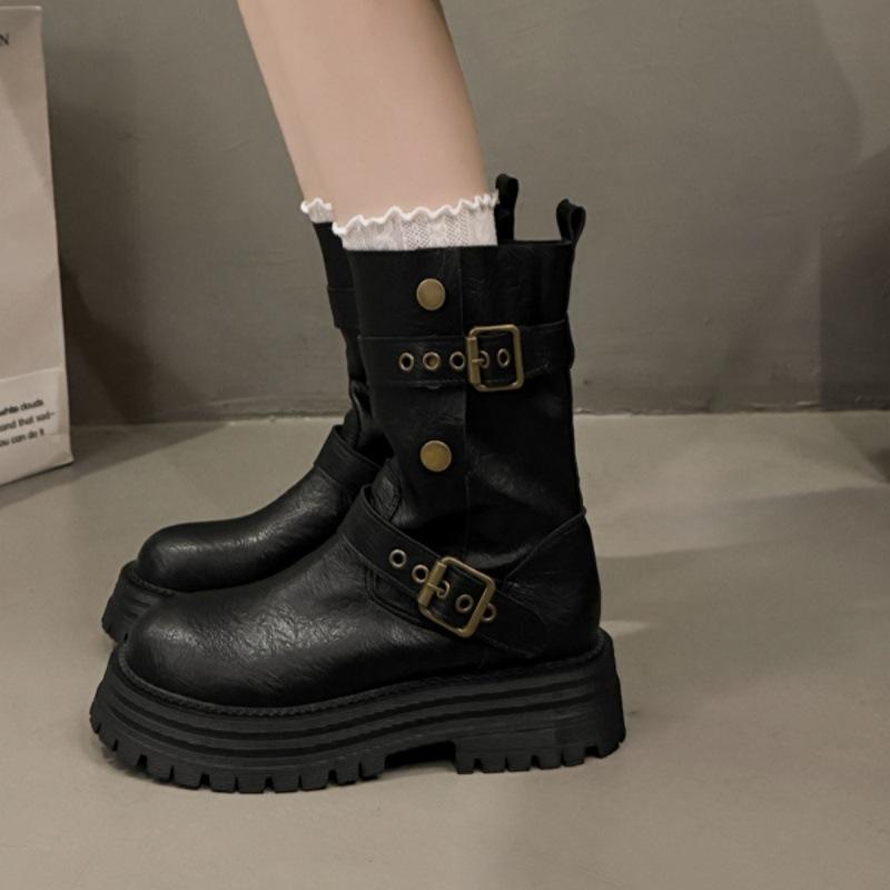 2025 Autumn and Winter New British Style Thick-soled Thin Boots Trendy Belt Buckle Locomotive Boots Medium Tube Martin Boots Women