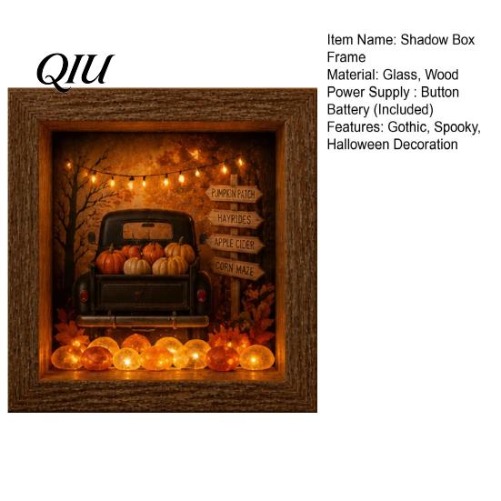 Personalized Halloween Display Shadow Box Frame DIY Lighted Craft Kit, Wooden Night Light with Seasonal Interior Decor Sea Glass Stones, Gothic