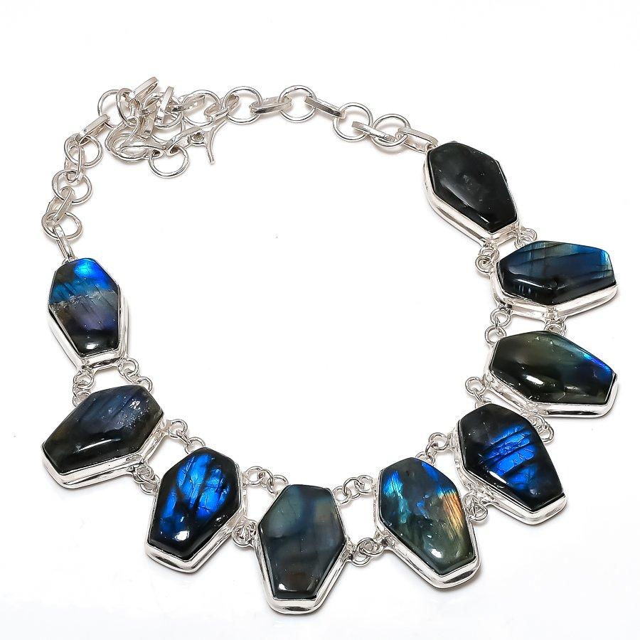 

Natural Labradorite Gemstone 925 Sterling Silver Jewelry Necklace 18 m4V76