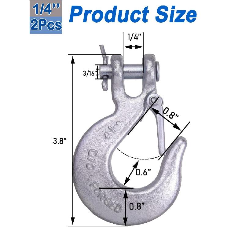 1/4 Inch Safety Chain Hooks, Clevis Slip Hook With Safety Latch, Grade 70 Forged Steel 12,600 Lb For Trailer Truck Transport Tow Winch Hook