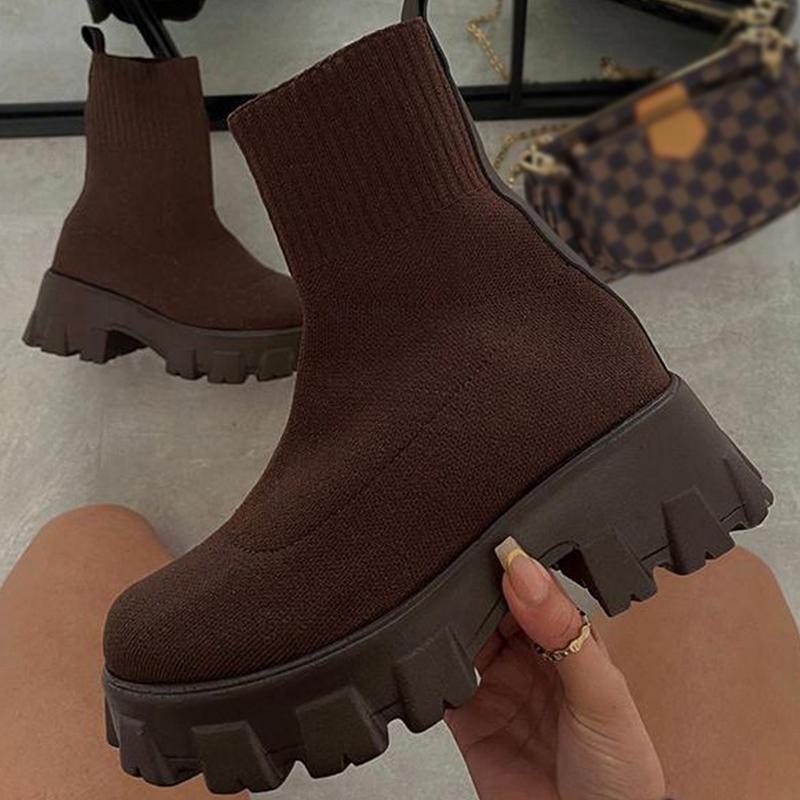 Fashion Women Boots Short Knitting Platform Boots Autumn Winter Shoes For Women Ankle Boots Heels White Winter Botas Mujer