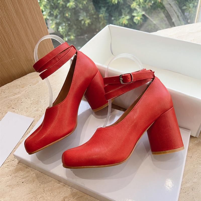Fashion Ins style Vintage Soft Leather Split Toe Tabi Women Pumps Fashion Ankle Strap Thick High heels Spring Autumn Casual Chunky Shoes