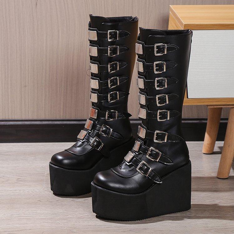 

Fashion 2025 New Women s Boots Fashion Platform Leather Knight Boot Cosplay Punk Shoes Gothic Classic Ladies Black Heels Knee-High Shoes 35 чёрный