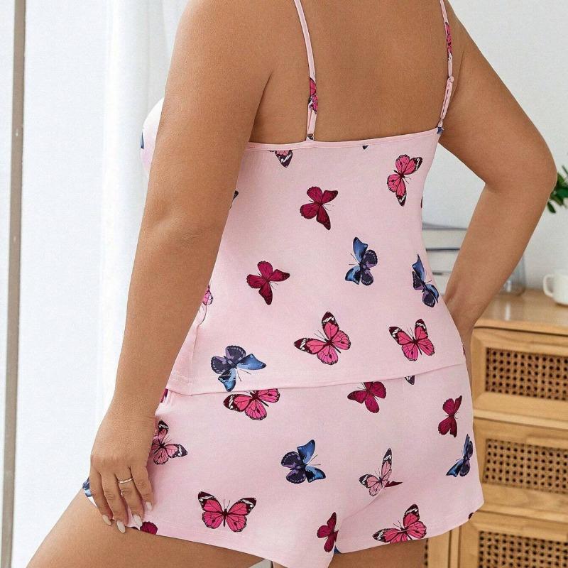 Summer Slim Butterfly Print Camisole Shorts Pajama Suit Plus Size Homewear