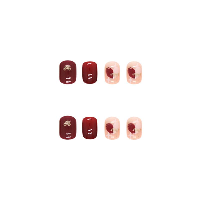 24 Pieces of Nail Art Patches with A Jujube Red Sweetheart and White Checkerboard Pattern Featuring A Heart-shaped Nail Design