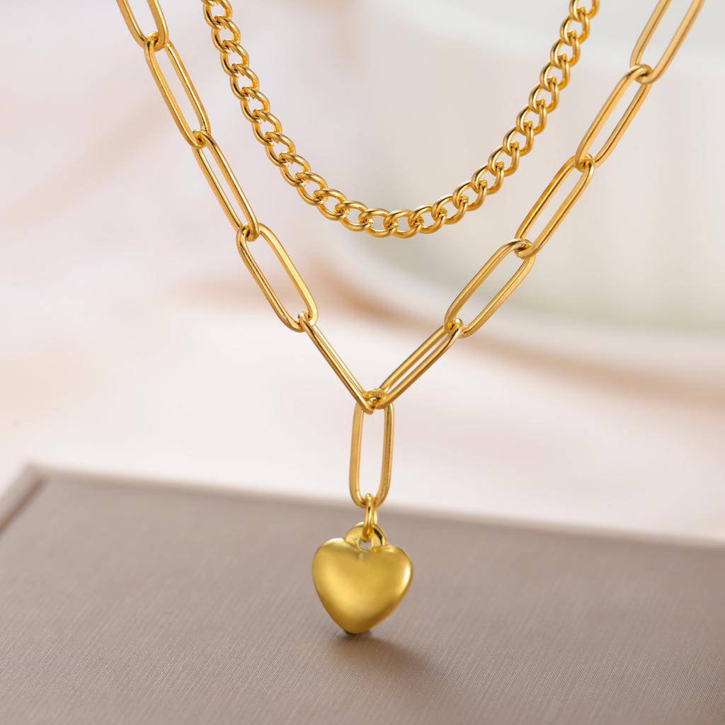 Teamer Classic Sweet Heart Pendant Necklace for Women Stainless Steel Double-layer Chain Choker Jewelry Valentine's Day Gift