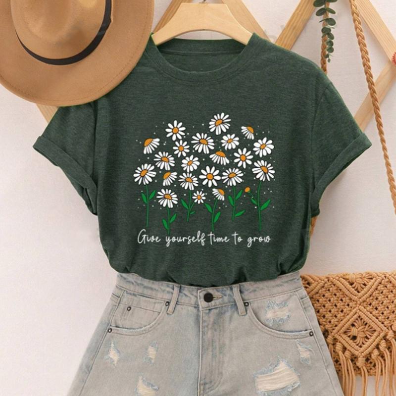 

Модная женская упрощенная футболка с принтом ромашки и буквами, забавная повседневная футболка с круглым вырезом и короткими рукавами, летняя женская футболка XS зелёный