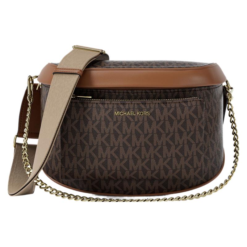 MICHAEL KORS Slater Gold Hardware Logo Print Coated Canvas Shoulder Bag Medium Women s Acorn Brown золотой