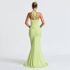 Elegant Halter Neck Deep V Waist-Cinching Long Fishtail Dress with Open Back and Flowing Ribbon
