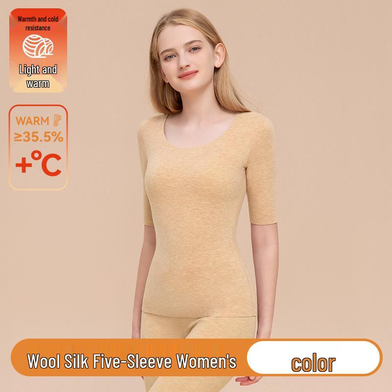 Women's Wool Silk Mid-Sleeve Fleece-Lined Top - Warm Autumn Base Layer
