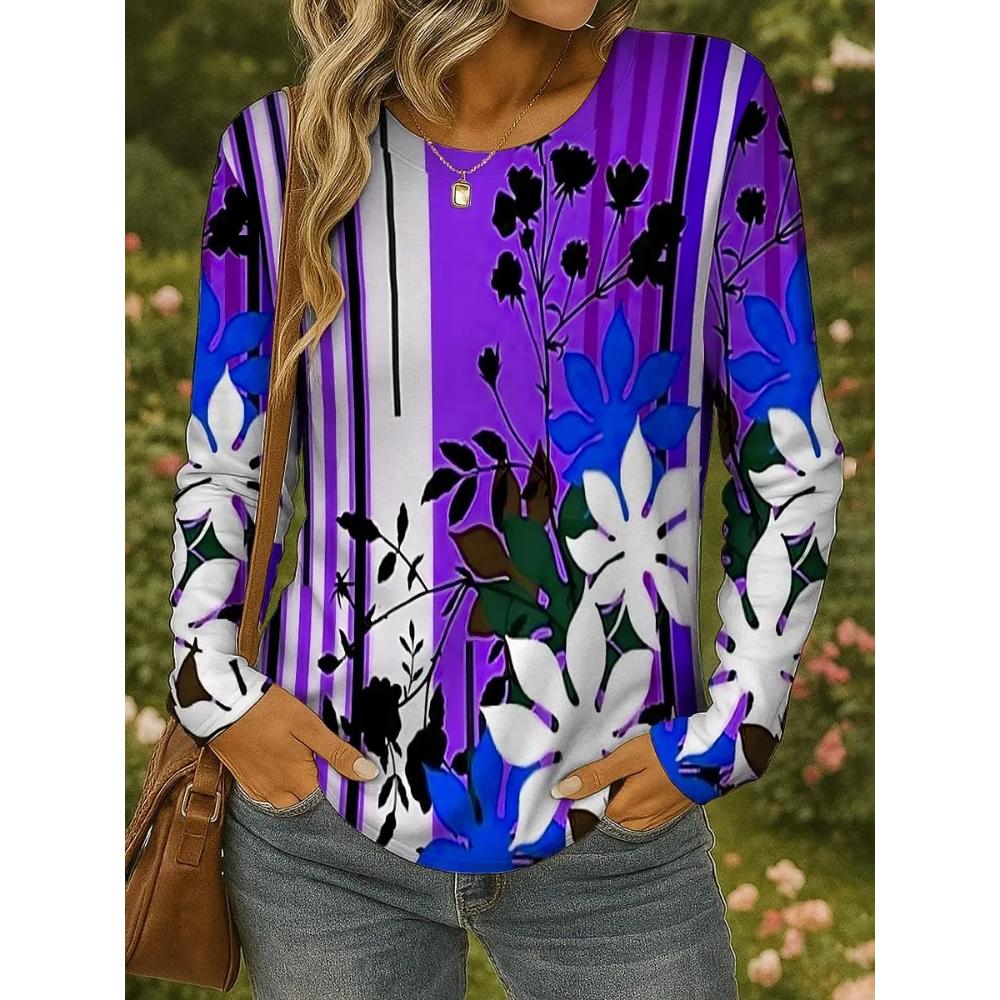 Flower Print Versatile Women's Top Casual Loose Long Sleeve Fashion Pullovers Long Sleeves Women’s