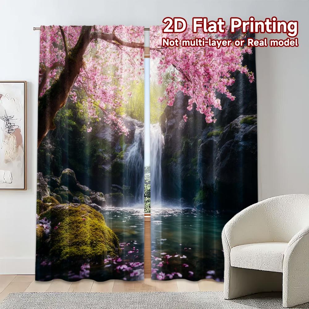 2pcs, 2D FLAT PRINTING Curtains (Without Rod) Blossom Falls Chic Minimalist Curtains Durable 100% Polyester Fabric Curtains