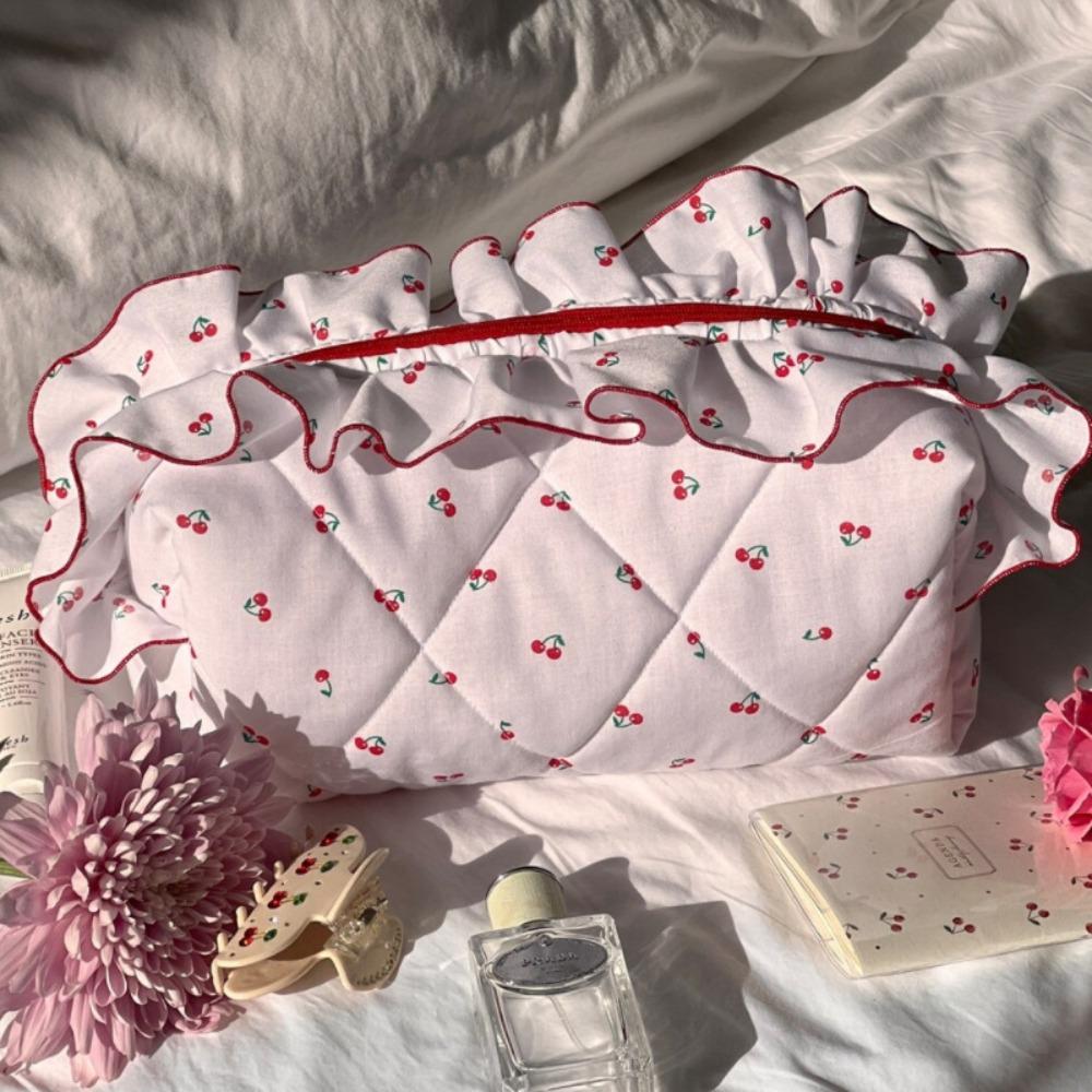 

with Zipper Floral Cosmetic Bag Cherry Printed Wash Storage Bag Ruffle Makeup Bag Outdoor Cherry