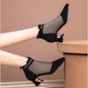 Pointed Toe Mesh Hollow Breathable Black With Medium Heels Women's Sandals Original New Anti Slip Hot Daily Ladies Shoes