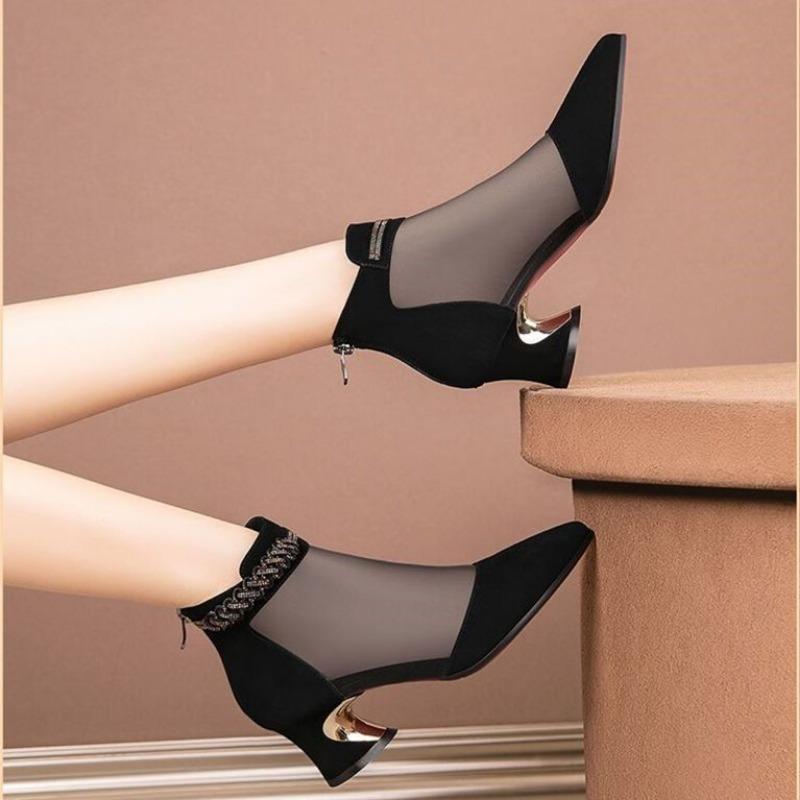 Pointed Toe Mesh Hollow Breathable Black With Medium Heels Women's Sandals Original New Anti Slip Hot Daily Ladies Shoes