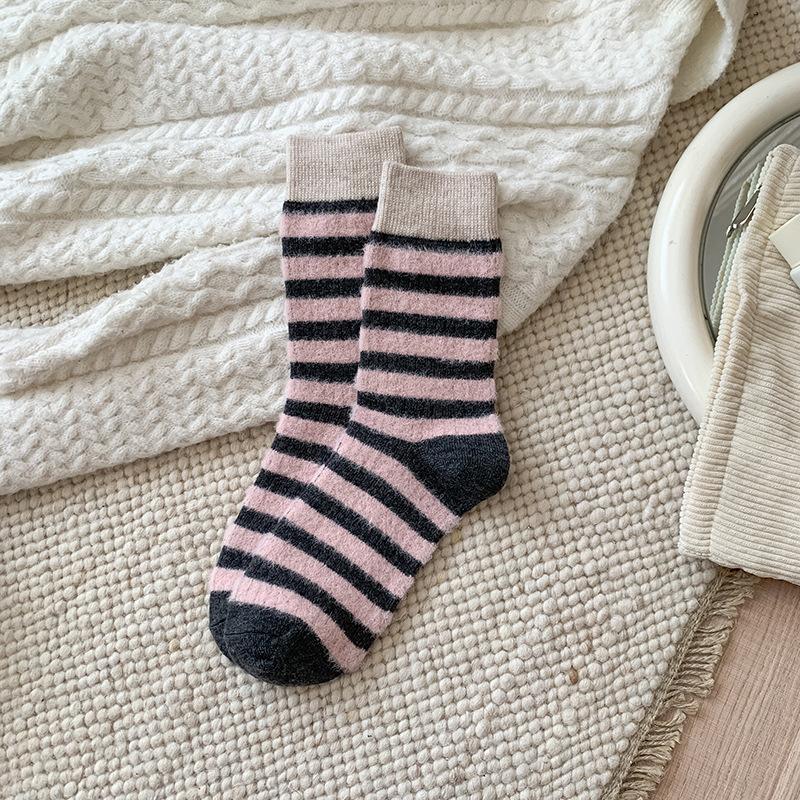 Sweet Pink and Contrasting Color Wool Mid-calf Socks, Striped Bow, Fair Island Pile Socks for Autumn and Winter