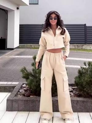 2024 Autumn European & American Solid Color Lapel Crop Top and High Waist Wide Leg Pants Set for Women