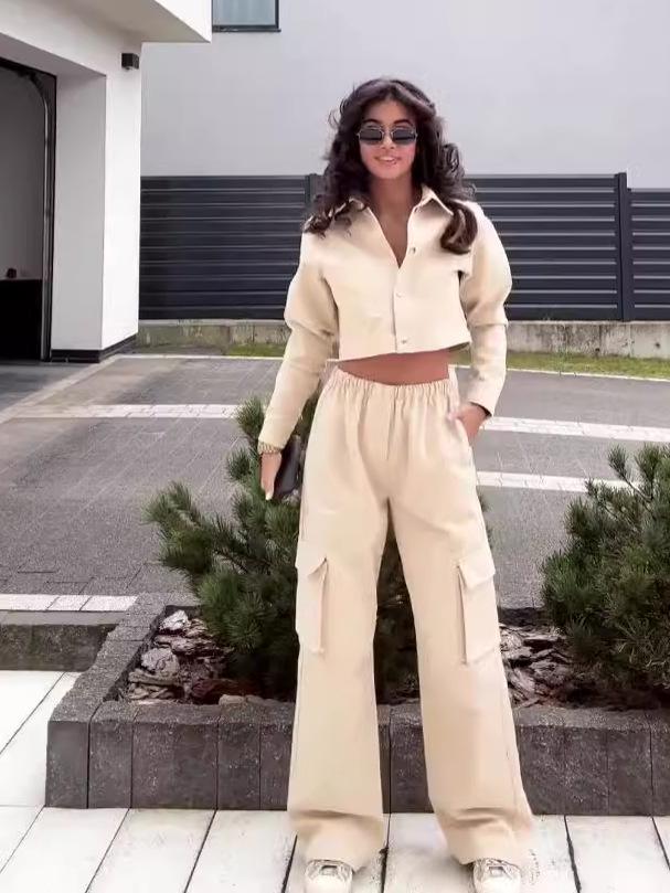 2024 Herbst Europäisch & Amerikanisch Einfarbig Revers Crop Top und High Waist Weitbein Hose Set für Damen