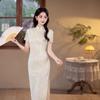 Off-white lace improved cheongsam young girl daily retro gentle wind waist thin short-sleeved dress