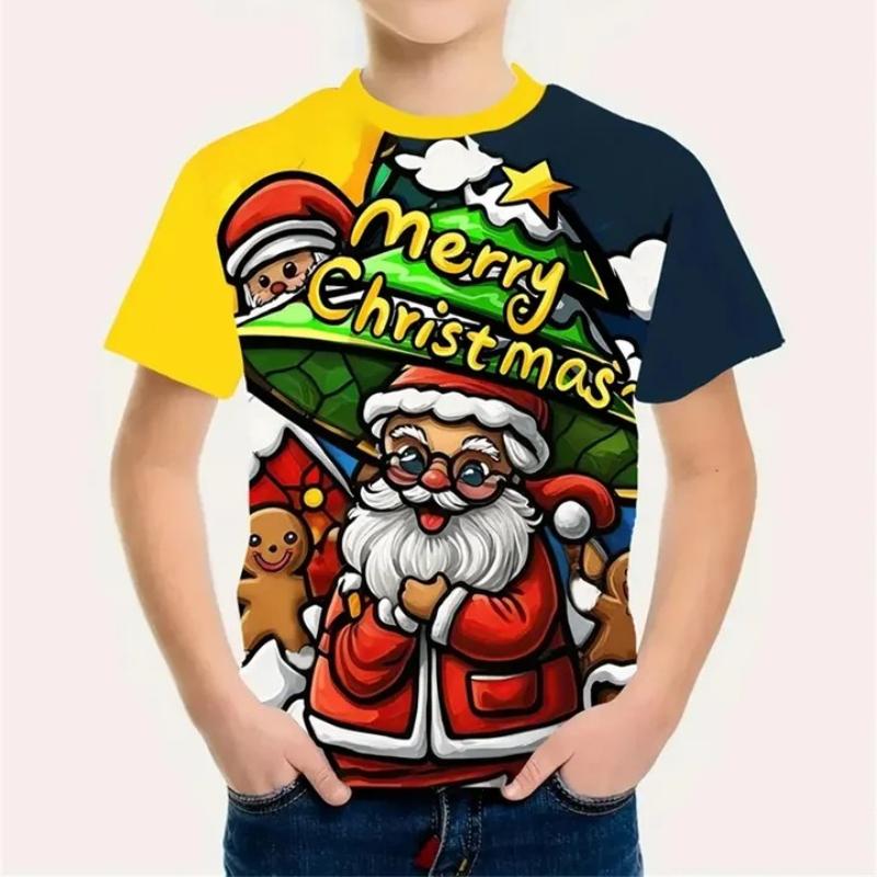 Kinder Weihnachtsmann Bedruckte Neujahrs Rundhals T-Shirts Kinder Unisex Bequemes Vielseitiges Oberteil Kurzarm T-Shirt