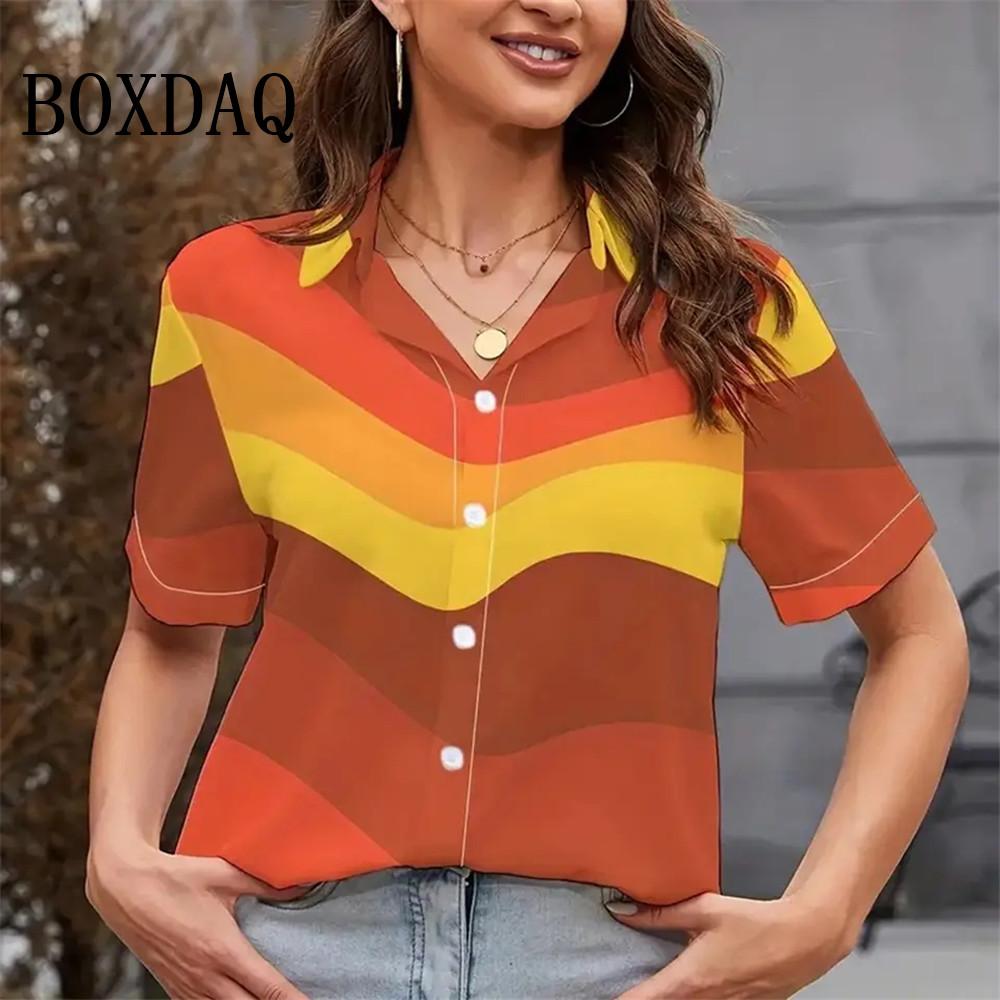 Elegant Women's Blouses Red Maple Leaf Short Sleeve Lapel Shirts Casual Vintage Button Summer Beach Simple Fashion 3D Print Tops