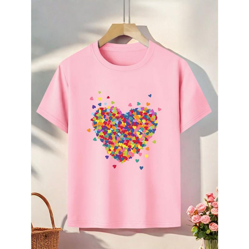 

European sizes Girls Soft Pink T-Shirt with Multicolor Heart Print - Pastel Pink & Multicolor Heart Design, 164cm рожевий