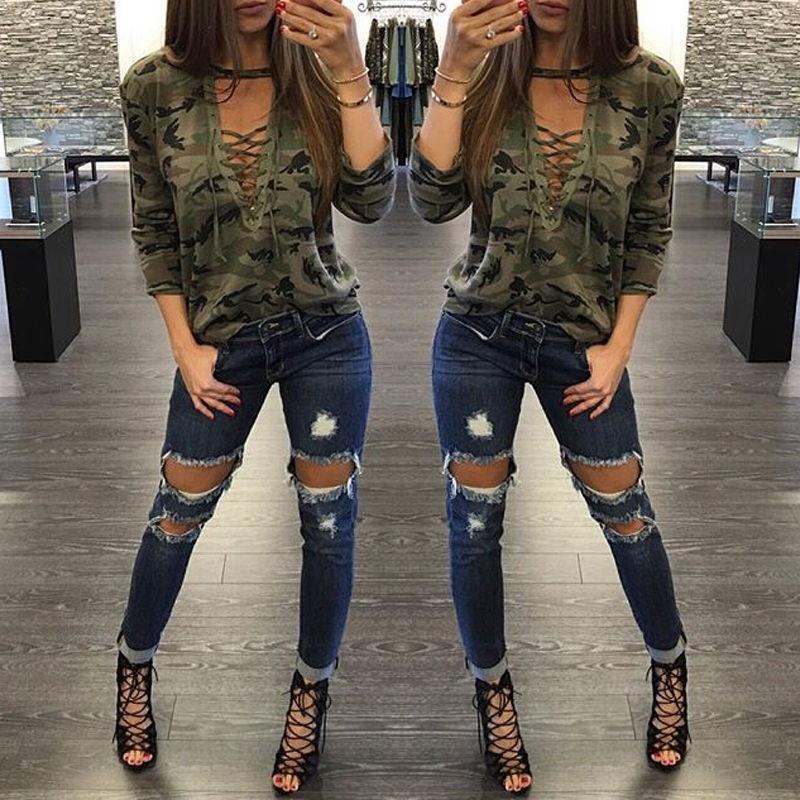 Camouflage Print Casual Blouse Tops 
