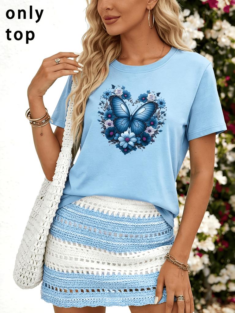 Women's Sparkling Rhinestone Butterfly T-Shirt Blue Green Glitter Print Tee Casual Crew Neck Short Sleeve Top Plus Size T Shirts