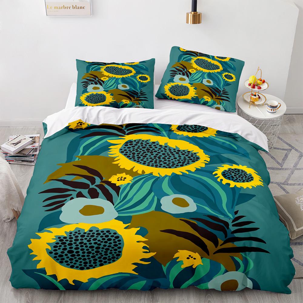 Sunflower Duvet Cover Set Yellow Flowers Green Leaves Cloud Tree King Queen Full Size for Boys Girls Teens Polyester Bedding Set