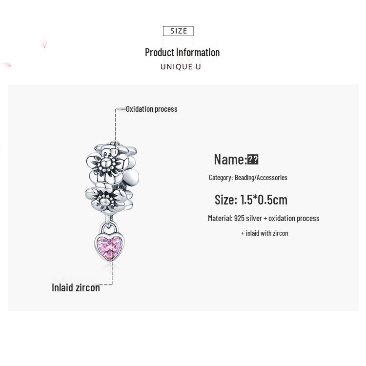 Original DIY Pink Flower S925 Silver Beaded Bracelet Jewelry Accessory SCC1485