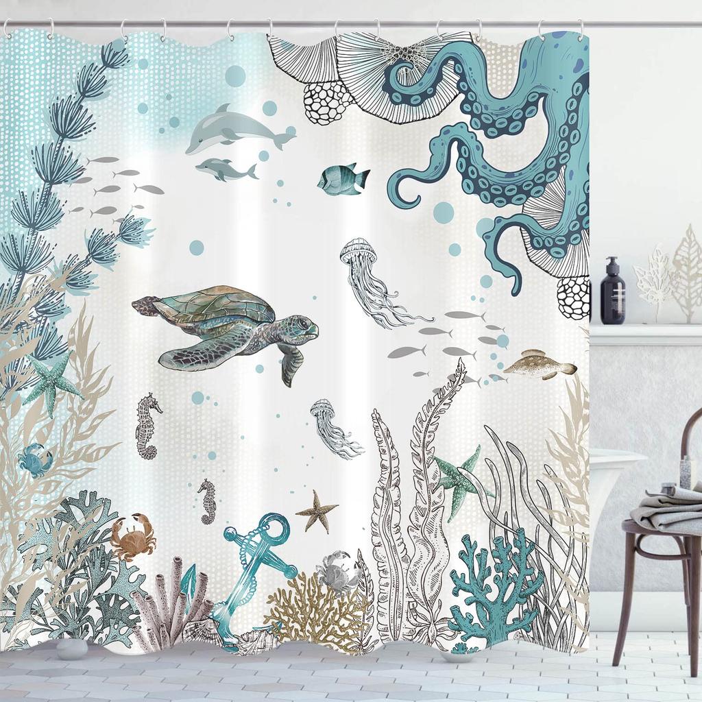 Nautical Coastal Shower Curtain,Beach Ocean Theme Shower Curtain for Bathroom Decor,Summer Tropical Coral Bath Curtain with Hook