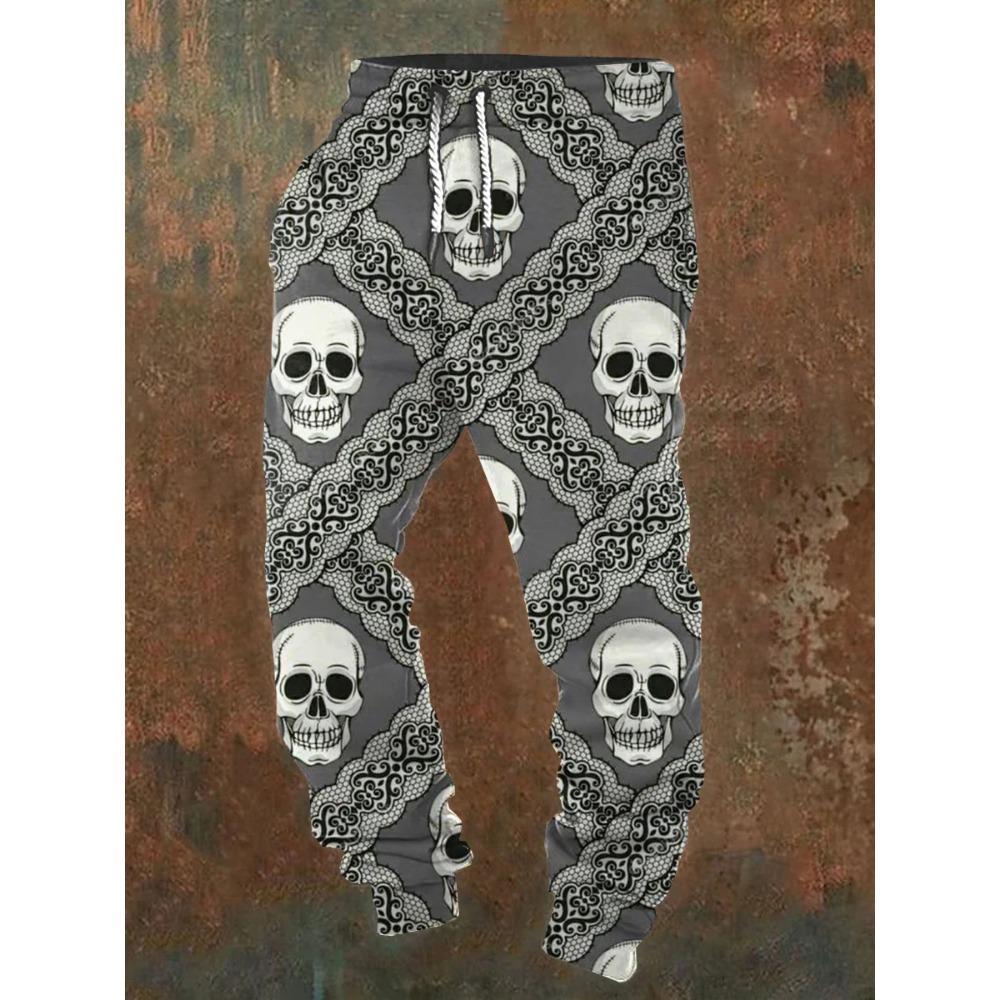 Men's casual jogging pants with drawstrings and Halloween skull prints, suitable for outdoor wear, autumn and winter fashion