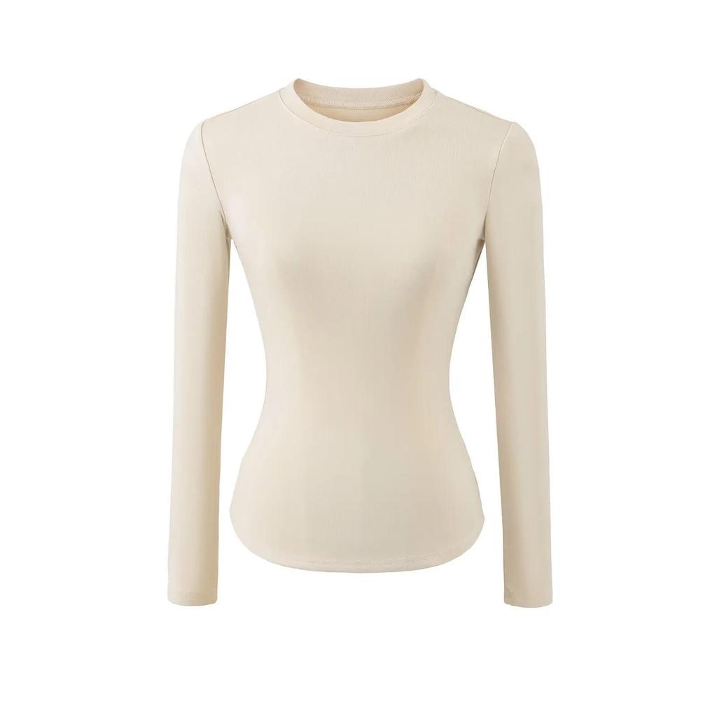 Women's Spicy Girl Round Neck Long Sleeve Yoga Tee - Slim Fit, Solid Color, Elastic Base Layer