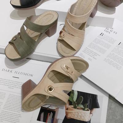 Fashion 2025 New European And American Sandals Women's Metal Buckle Stitching Sandals Thick High Heel Large Size Comfortable Slippers
