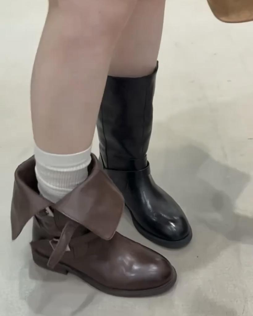 Sheepskin version~ Retro thick-heeled medium boots for women wear folded leather boots, thin knight boots, belt buckle short boots
