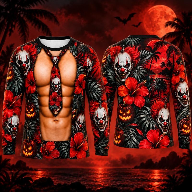 Halloween Pumpkin T Shirt Men 3D Muscle Body Print Long Sleeve Moon Night Tropical Palm Tree Beach Party Funny Costume Shirt