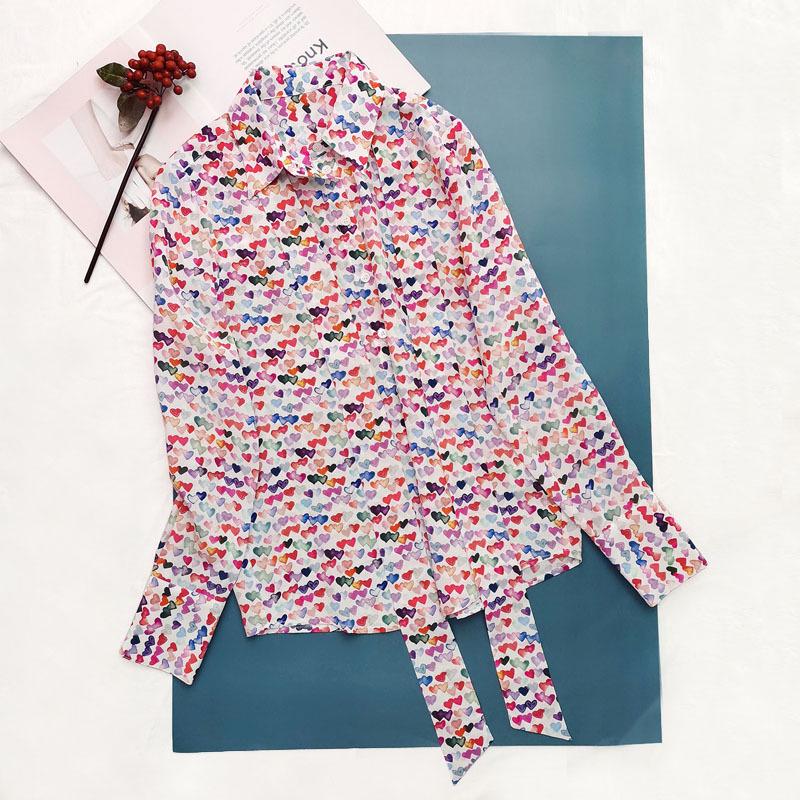 Clearance Women's Silk Long-Sleeve Shirt with Colorful Heart Print & Removable Bow