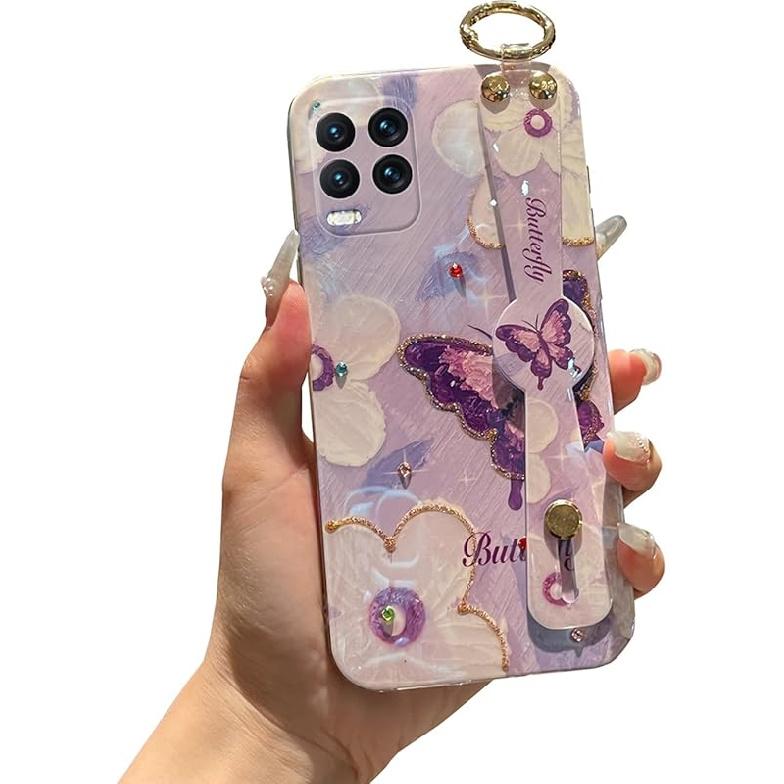 for Motorola Moto G Stylus 5G 2021 6.8 Inch Case Cute with Wrist Strap Kickstand Glitter Bling Cartoon IMD Soft TPU Shockproof Protective Cases Cover Flower Butterfly