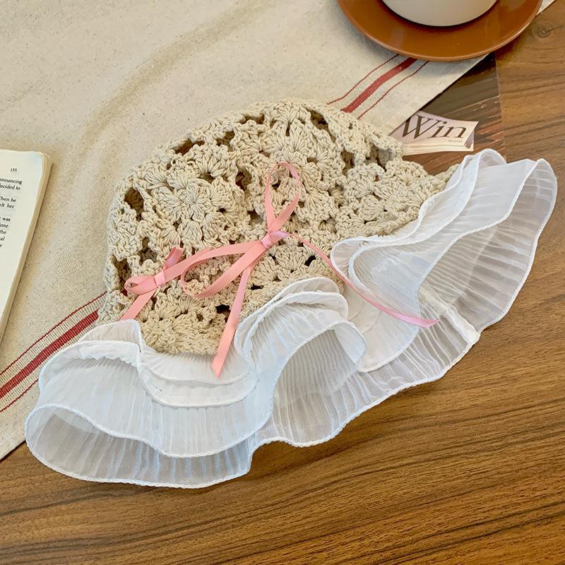 Knitted Hollow Bow Fisherman Hat Women Sun Protection Face Small Lace Basin Hat Japanese Big Head Hat Trendy