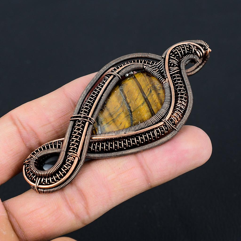 Ochi de Tigru, Onix Negru Pandantiv Handmade Înfășurat în Sârmă de Cupru 3.54 y9d85