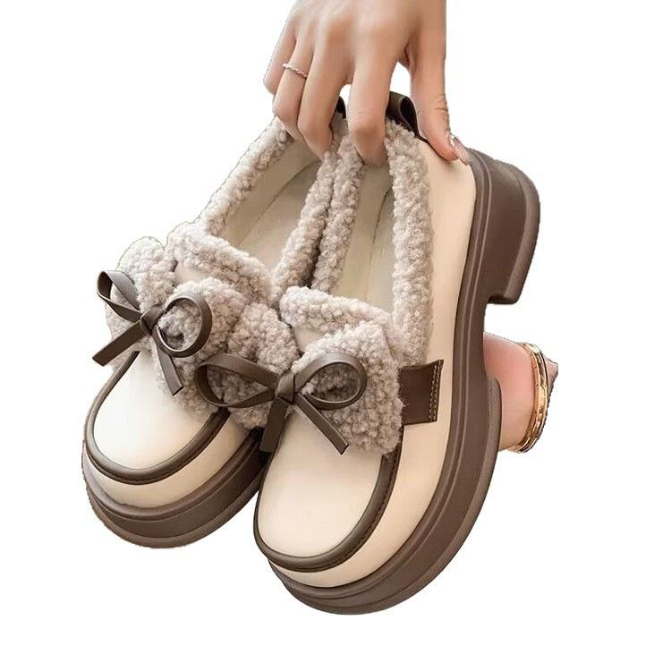 JK school girl velvet small leather shoes winter new non-slip Doudou shoes retro bow loafer cotton shoes