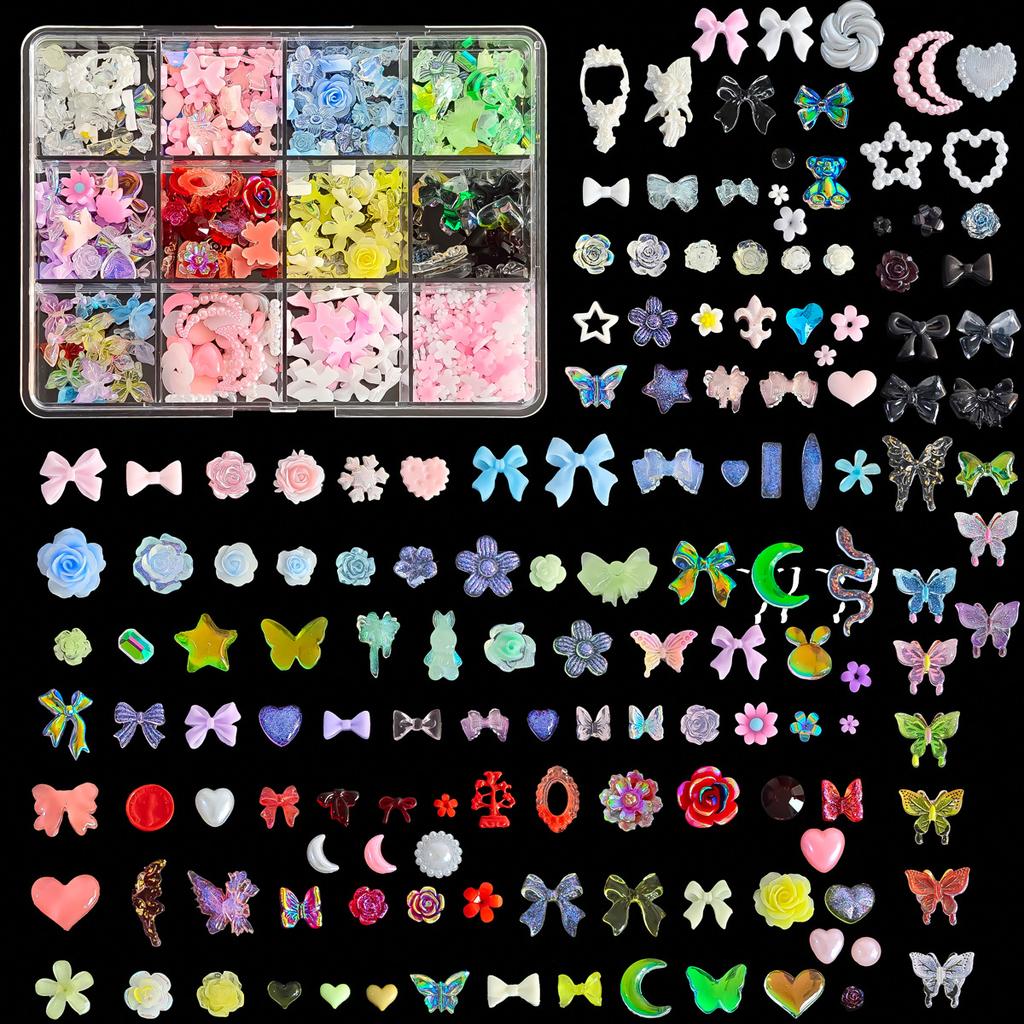 Hot Selling 12-Grid Red Butterfly Strawberry Heart 3D French Nail Art Decoration Plastic Alloy Resin Rhinestones Accessories