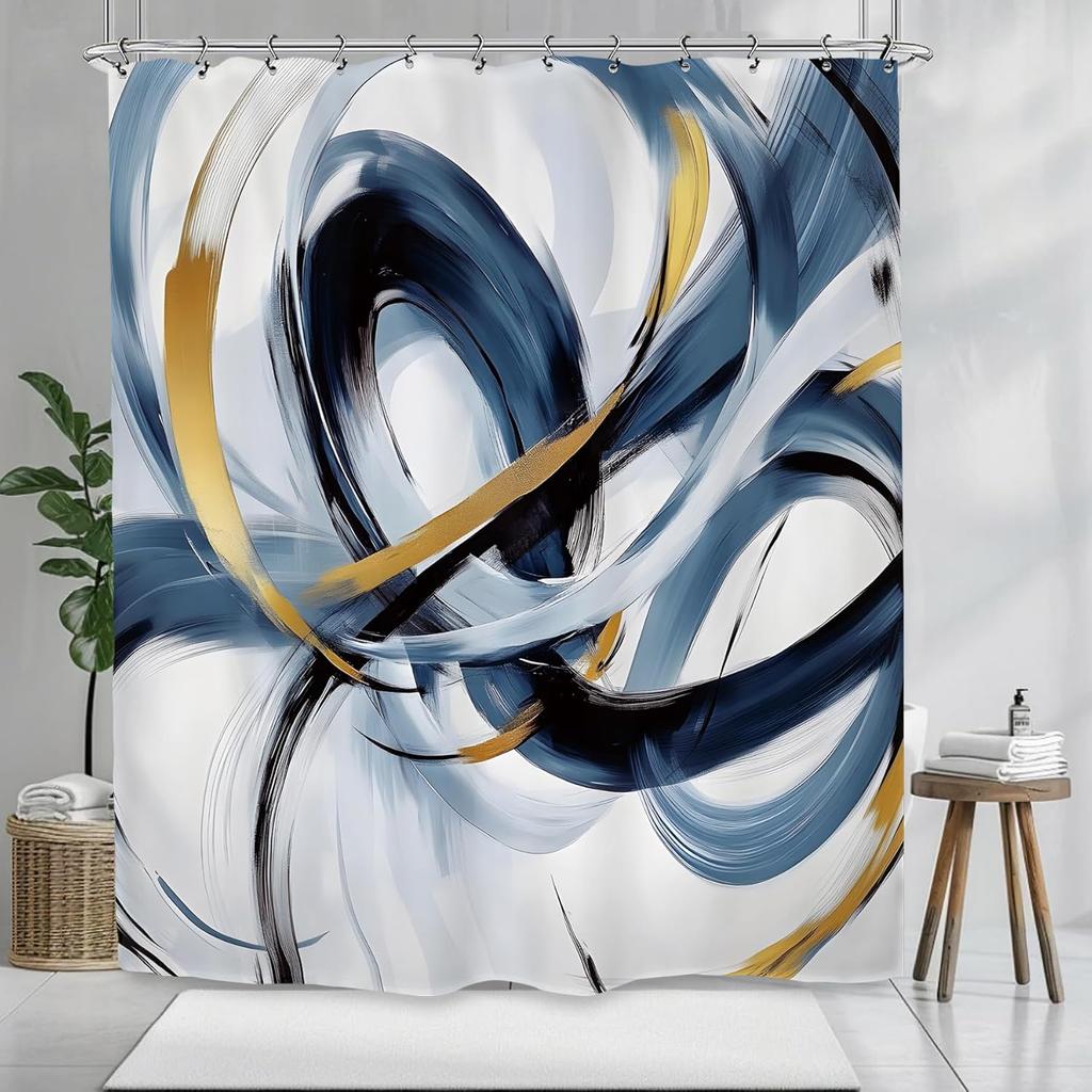 Abstract Black Shower Curtain Modern Minimalist Contemporary Geometric Line Neutral Bathroom Set Accessories Decor With