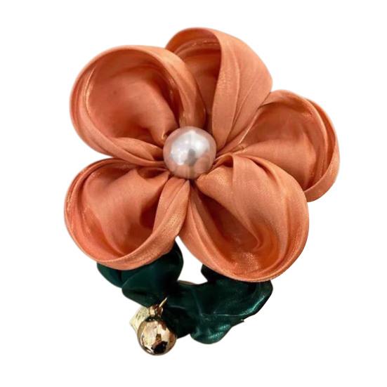 Hair Tie Handmade Satin Flower Decor Hair Tie with Imitation Pearls Large Elastic Soft Hair Band Autumn Winter Hair Accessories