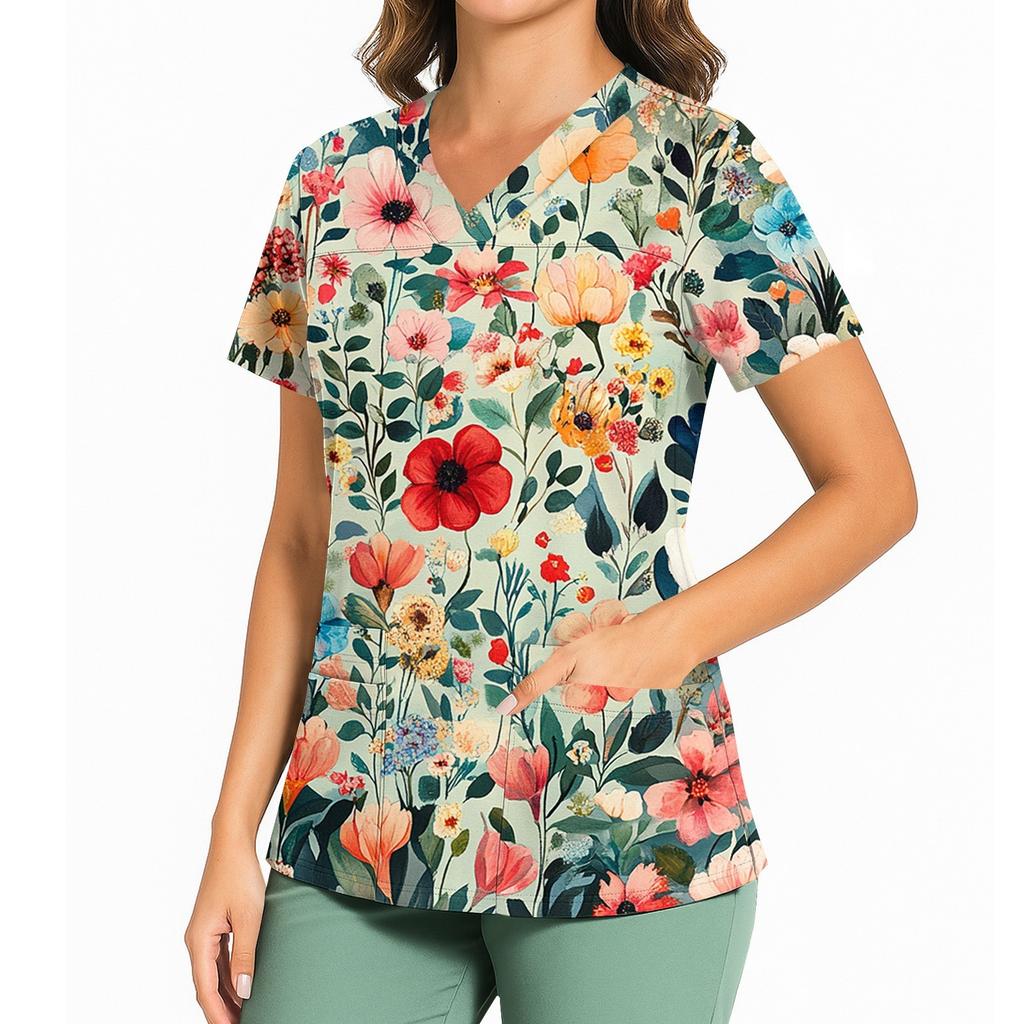 Damen Casual Bedrucktes V-Ausschnitt Taschen Seitennaht Schlitz Kurzarm Top