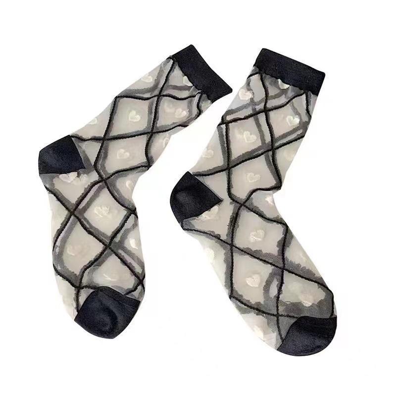 Sweet and Pure Summer Transparent Thin Crystal Silk Heart-shaped Glass Fiber Mid-calf Socks