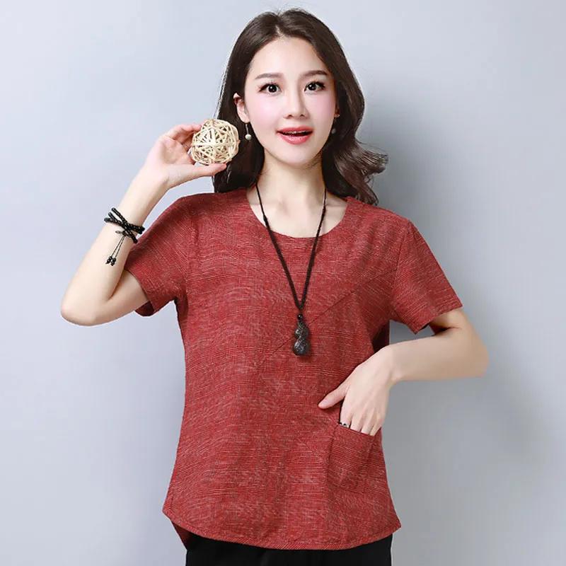 Women's Summer Blouses Vintage Linen Cotton Women Tops Blouses Short Sleeve Women Shirts Women Loose Clothing Blusas 2127