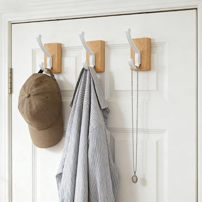Space Saving Adhesive Hook for Bathroom Door Back Made of Natural Walnuts Wood Drillless Installation for Hanging Items
