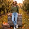 Women's Color Block V-Neck Long Sleeve Pullover Sweater with Decorative Buttons